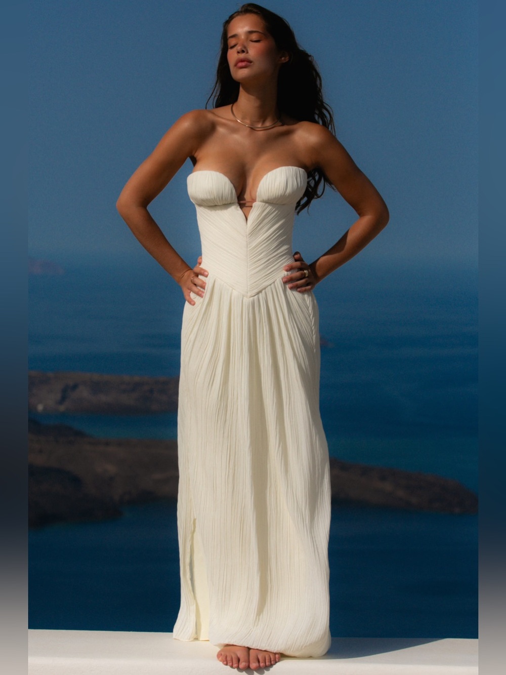 House of CB Ivory Strapless Pleated Maxi Dress